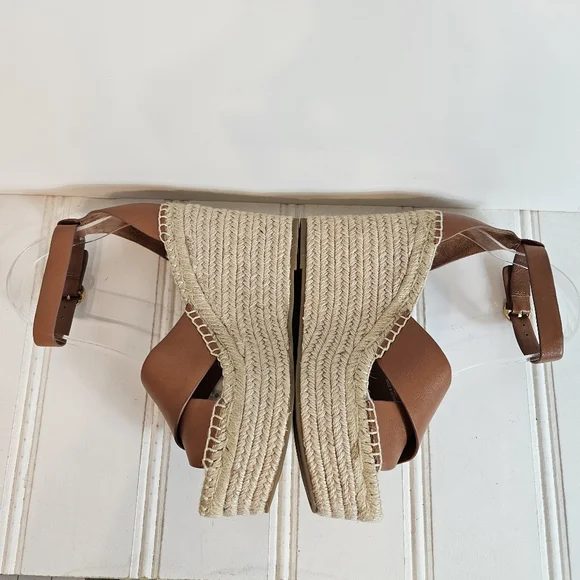 Tory Burch Selby 105 Wedge Espadrille Sandals 6.5 Leather Platform Logo Buckle - Picture 8 of 14